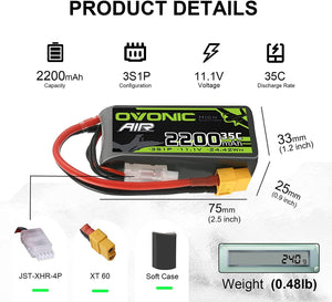 OVONIC 3s Lipo Battery 35C 2200mAh 11.1V Lipo Battery with XT60 Connector for Airplane RC Quadcopter Helicopter FPV Drone(2pcs) - Hobby Shop
