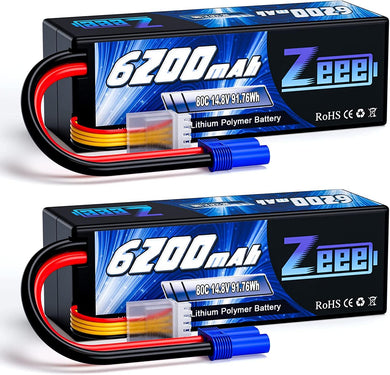 4S Lipo Battery 6200mAh 14.8V 80C Hard Case Battery with EC5 Connector for Car Truck Tank RC Buggy Truggy Racing Hobby(2 Packs) - Hobby Shop
