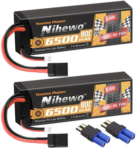 Nihewo 2Packs 2S Lipo Battery 7.4V 6500mAh RC Lipo Battery Pack 90C Hard Case with Tr and EC5 Plug Compatible with Arrma Axial 1/8 and 1/10 RC Truck Vehicles Car Truggy Buggy Racing Models - Hobby Shop